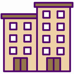 A cartoon icon of two blocks of flats are seen.