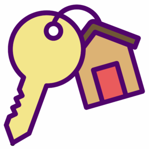A icon of a house key is seen, showing a door key with a home-shaped keychain attached to it. 