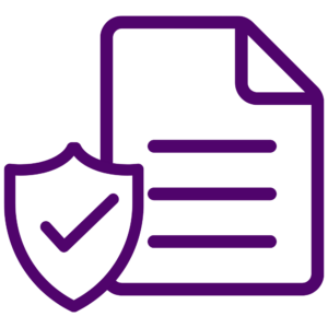 An iconographic representation of a document is seen, slightly covered by a shield with a large tick seen inside it. Together, these elements evoke feelings of a strong insurance security.