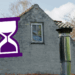 Against a backdrop of a dilapidated UK house, an iconographic hourglass is seen in hues of purple and white.