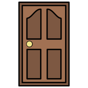 An icon of a door is seen in shades of brown, with a yellow circular handle.