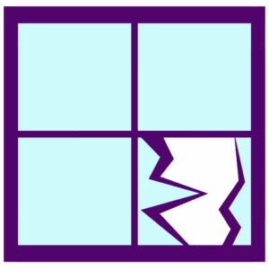 An icon of a broken window, in purple and blue.