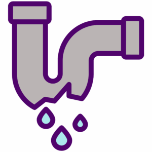 An icon of broken pipes are seen, causing water droplets to leak out from beneath them.