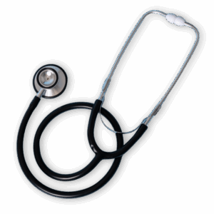 A top-down image of a medical stethoscope, a marvel of black and silver simplicity and splendour.
